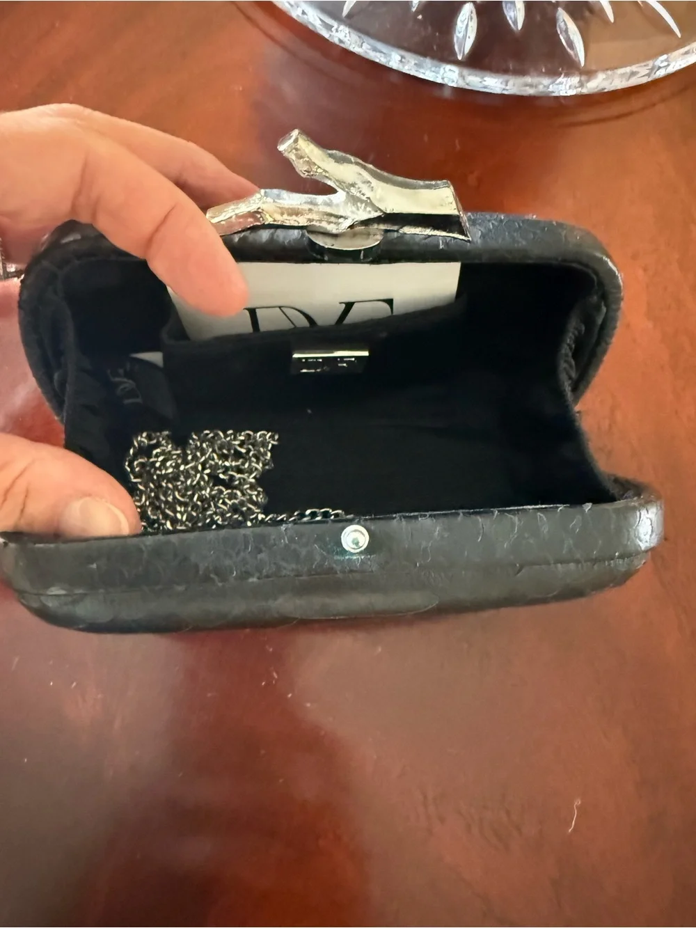 DVF Black Textured Evening Clutch with Silver Chain